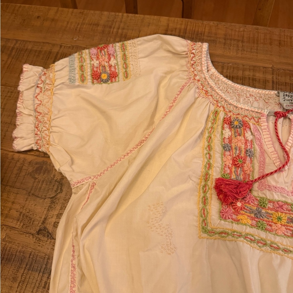 Magnolia Pearl Chrissy Fold Blouse Pink Tassel and Multicolor Embroidery EUC - Picture 3 of 8